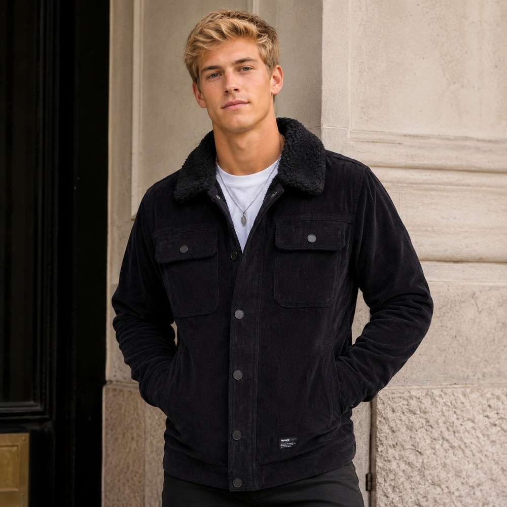 Men's Hurley Black Corduroy‎ Sherpa Collar Jacket S